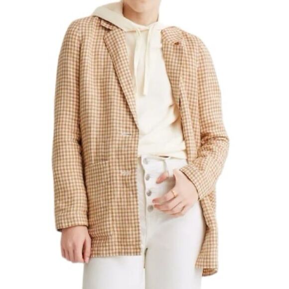 Madewell Linen Dorset Gingham Tan Cream Boyfriend Blazer NWTs size medium - Picture 2 of 12